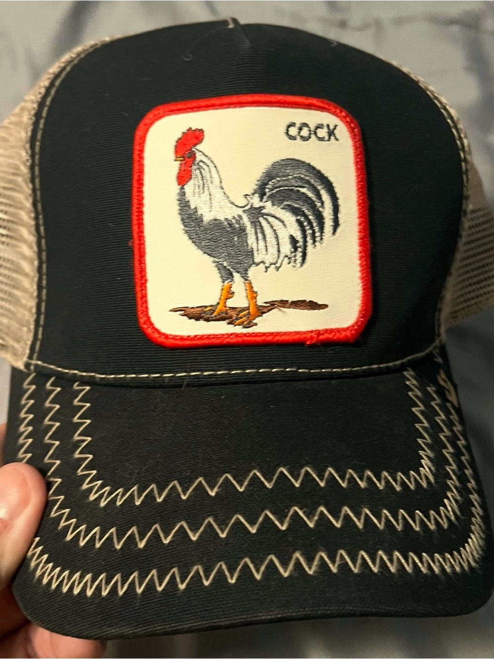 Men's Goorin Bros Black Trucker Cap with C O C K Patch 🐓